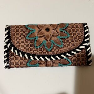 Handcrafted Floral Tooled Brown Leather Wallet with Teal Accents